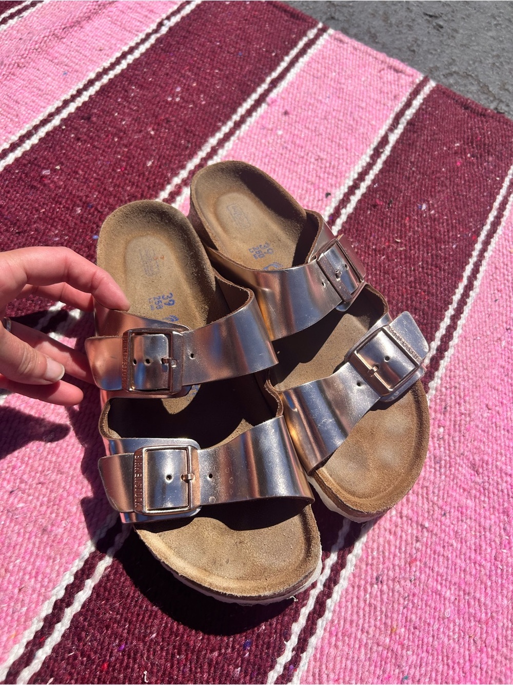 Birkenstock Metallic Rose Gold Double-Buckle Women’s Sandals 39